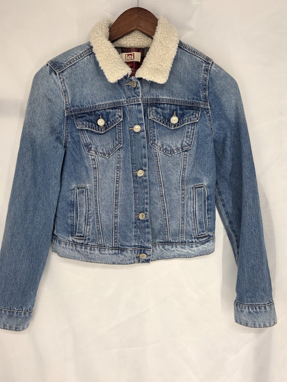 Vintage Y2K LEI Cropped Denim Trucker Jacket Sherpa Collar Plaid Lined Blue S
